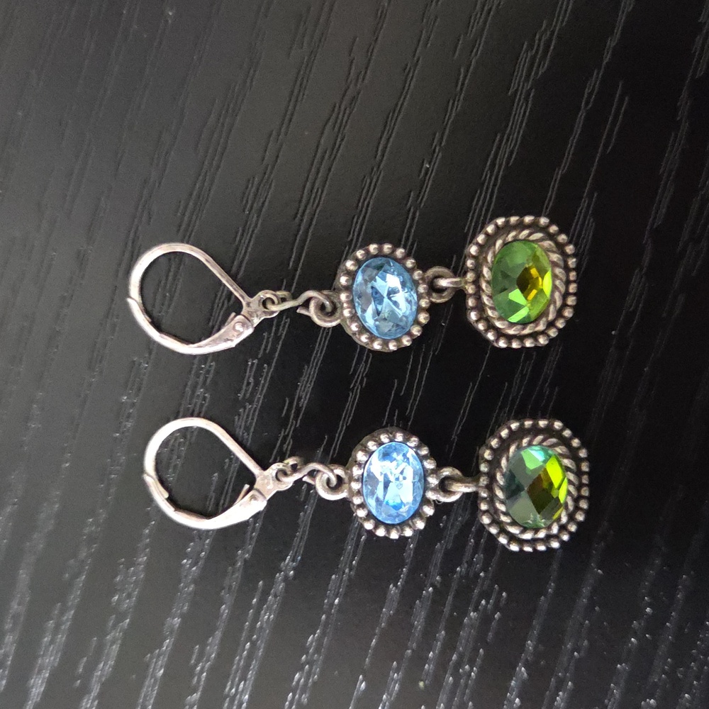 Lia Sophia Double Crystal Drop Earrings Silver Tone Leverback Statement Jewelry